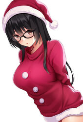  absurdres arms_behind_back bikini black-framed_eyewear black_hair blush breasts brown_eyes christmas collarbone commentary_request female fur-trimmed_headwear fur-trimmed_sweater fur_trim glasses hat highres huyumitsu large_breasts long_hair looking_at_viewer open_mouth original pom_pom_(clothes) red_bikini red_hat red_sweater santa_hat simple_background solo standing straight_hair sweater swimsuit white_background 