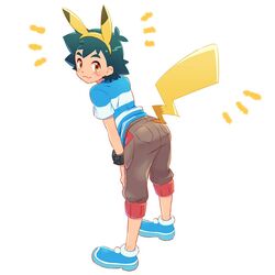  1boy :3 black_hair blue_footwear blue_shirt brown_eyes brown_shorts commentary_request emphasis_lines from_behind looking_at_viewer looking_back male_focus okaohito1 pikachu_ears pikachu_tail pokemon pokemon_(anime) pokemon_ears pokemon_sm_(anime) pokemon_tail protected_link satoshi_(pokemon) shirt short_sleeves shorts simple_background solo spiked_hair tail white_background z-ring 