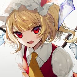  ascot bad_id bad_twitter_id blonde_hair bow commentary_request crystal daimaou_ruaeru female flandre_scarlet grey_background hat hat_bow highres looking_at_viewer mob_cap oerba_yun_fang one_side_up open_mouth puffy_short_sleeves puffy_sleeves red_bow red_eyes red_vest shirt short_hair short_sleeves simple_background solo touhou upper_body vest white_hat white_shirt wings yellow_ascot 