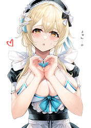  :o absurdres apron blonde_hair blush bow breasts cleavage enma_daio female flower frills genshin_impact hair_between_eyes hair_flower hair_ornament heart heart_hands highres large_breasts looking_at_viewer lumine_(genshin_impact) maid maid_apron maid_headdress open_mouth puffy_sleeves ribbon short_hair_with_long_locks simple_background solo upper_body waist_apron white_background yellow_eyes 