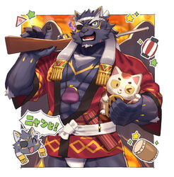  1boy abs alternate_costume animal_ears bara bare_pectorals bulge chest_hair chest_tattoo chibi chibi_inset eyepatch feathered_wings festival forked_eyebrows furry furry_male green_eyes grey_fur gun hachimaki happi headband jaguar_boy jaguar_ears jaguar_tail japanese_clothes large_pectorals male_focus muscular muscular_male nejiri_hachimaki nipples one_eye_covered over_shoulder pectorals rifle short_hair solo tail tattoo tezcatlipoca_(housamo) thick_eyebrows thick_thighs thighs tokyo_afterschool_summoners weapon weapon_over_shoulder weapon_request wings yow 