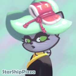  1:1 anthro ashe_(starshippizza) bell black_nose clothed clothing collar domestic_cat felid feline felis female fur green_eyes grey_body grey_fur hi_res mammal marie_(splatoon) nintendo solo splatoon starshippizza topwear whiskers 