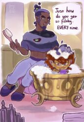  anthro bath bathing bubble_bath canid canine canis cheek_tuft clothed clothing darius_deamonne dark_body dark_skin dirtyfox911911 disney duo eberwolf_(the_owl_house) elf english_text facial_tuft fully_clothed hi_res human humanoid humanoid_pointy_ears magic male mammal mythological_canine mythological_creature mythology text the_owl_house tuft were werecanid werecanine werewolf witch_(the_owl_house) wolf 