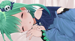  absurdres bare_shoulders blush closed_eyes double_bun earrings eureka_814 female green_hair hair_bun hair_ornament highres hololive jewelry lying md5_mismatch open_mouth short_hair skull_earrings skull_hair_ornament sleeping solo uruha_rushia uruha_rushia_(1st_costume) virtual_youtuber 