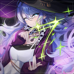  choker coat commentary_request countdown dress earrings female highres jewelry lock long_hair long_sleeves looking_at_viewer magic mins_(minevi) necklace official_art phase_connect purple_eyes purple_hair shisui_michiru_(phase_connect) sky solo star_(sky) star_(symbol) star_earrings starry_sky virtual_youtuber witch 