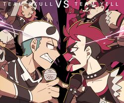  2boys 2girls bandana bandana_over_mouth black_hair black_jacket blue_eyes boombox choker clenched_teeth commentary_request dark-skinned_male dark_skin english_text eye_contact facepaint holding_boombox horn_(instrument) hypnosis_mic jacket looking_at_another microphone multiple_boys multiple_girls parody pink_eyes pink_hair pokemon pokemon_sm pokemon_swsh short_sleeves ssalbulre tank_top team_skull team_skull_grunt team_skull_uniform team_yell team_yell_grunt teeth tongue tongue_out vs vuvuzela 