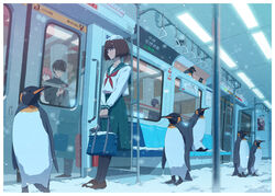  2boys 2girls bag bird black_hair black_legwear brown_hair commentary gakuran handbag highres long_sleeves multiple_boys multiple_girls original pantyhose penguin school_uniform seat security_camera serafuku snow standing train_interior vivid507 