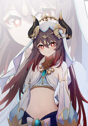  absurdres alternate_hairstyle breasts brooch brown_hair circlet commentary_request cosplay crop_top detached_sleeves fake_horns female genshin_impact groin hair_between_eyes harem_outfit highres horns hu_tao_(genshin_impact) jewelry long_hair long_sleeves looking_at_viewer midriff navel nilou_(genshin_impact) nilou_(genshin_impact)_(cosplay) puffy_long_sleeves puffy_sleeves qixia red_eyes shirt sleeveless sleeveless_shirt small_breasts smile solo stomach twintails veil very_long_hair white_headwear white_veil zoom_layer 