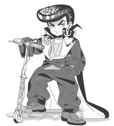  1boy aged_down commentary_request diamond_wa_kudakenai duplicate greyscale higashikata_josuke inzup jojo_no_kimyou_na_bouken male_focus monochrome motor_vehicle oversized_clothes pixel-perfect_duplicate pompadour scooter shoes solo 