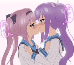  2girls black_bow blue_eyes blue_sailor_collar blush bow commentary eye_contact french_kiss from_side green_eyes hairband hairbow hands_up highres kissing long_hair long_sleeves looking_at_another marehoshi_academy_school_uniform misaki_sango multiple_girls pink_hair profile purple_hair re:stage! sailor_collar school_uniform serafuku shirt shirt_grab simple_background sincos translated tsukisaka_sayu twintails white_background white_shirt yuri 