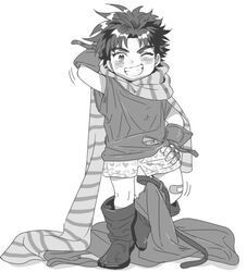  1boy aged_down arm_up bandaid bandaid_on_leg battle_tendency boots commentary_request duplicate fingerless_gloves gloves greyscale grin inzup jojo_no_kimyou_na_bouken joseph_joestar joseph_joestar_(young) male_focus monochrome oversized_clothes pixel-perfect_duplicate scarf smile solo underwear 