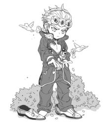  &gt;:( 1boy aged_down angry bird bush commentary_request duplicate giorno_giovanna greyscale inzup jojo_no_kimyou_na_bouken male_focus monochrome pixel-perfect_duplicate shoes single_shoe solo unworn_shoes v-shaped_eyebrows vento_aureo 