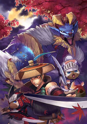  1boy armor cloud commentary_request feathers felyne hat leaf maple_leaf monster_hunter_(character) monster_hunter_(series) monster_hunter_portable_3rd moon photoshop_(medium) rathalos_(armor) scar sword weapon yukiusagi1983 yukumo_(armor) zinogre 