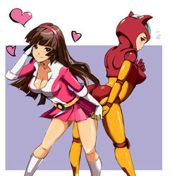  1970s_(style) 2girls aphrodai_a ass-to-ass bad_id bad_pixiv_id blush bodysuit breasts brown_eyes brown_hair cleavage embarrassed gloves hairband heart helmet hime_cut holding_hands interlocked_fingers large_breasts long_hair mazinger_(series) mazinger_z mecha_musume multiple_girls orange_bodysuit personification retro_artstyle skirt smile xinjing yumi_sayaka 