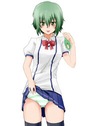  :p amaron censored clothes_lift commentary_request female green_eyes green_hair ichiban_ushiro_no_daimaou korone_(ichiban_ushiro_no_daimaou) novelty_censor panties school_uniform short_hair skirt skirt_lift solo striped_clothes striped_panties thighhighs tongue tongue_out underwear 