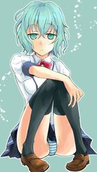  aqua_hair bad_id bad_pixiv_id female hachimoto ichiban_ushiro_no_daimaou korone_(ichiban_ushiro_no_daimaou) panties pantyshot school_uniform sitting solo striped_clothes striped_panties thighhighs underwear 