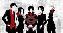  4boys bad_id bad_pixiv_id black_frost devil_survivor female formal glasses hair_ribbon kihara_atsurou long_hair makoto_(truechild) mochizuki_mari multiple_boys naoya_(devil_survivor) necktie nikaidou_tadashi photoshop_(medium) protagonist_(devil_survivor) ribbon short_hair spot_color suit 