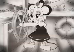  1920s_(style) :d animal_ears boat commentary_request disney female greyscale hat macaroni_and_cheese_(artist) mickey_mouse monochrome mouse_ears mouse_tail nazrin open_mouth parody retro_artstyle ship&#039;s_wheel smile solo standing steamboat_willie tail touhou watercraft 