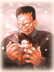  2boys ^_^ android_8 black_hair breath can closed_eyes cold commentary_request dragon_ball dragon_ball_(classic) happy highres holding laughing makumaku male_focus multiple_boys open_mouth runny_nose shared_clothes shared_coat sitting size_difference snot snow snowing son_goku steam stitches vignetting winter_clothes 