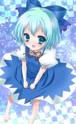  bad_id bad_pixiv_id barefoot blue_eyes blue_hair bow cirno female hairbow highres momose_rin short_hair solo touhou wings 