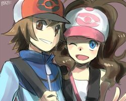  1boy bad_id bad_pixiv_id baseball_cap blue_eyes brown_eyes brown_hair curly_hair female hat hilbert_(pokemon) hilda_(pokemon) one_eye_closed pokemon pokemon_bw reka smile 