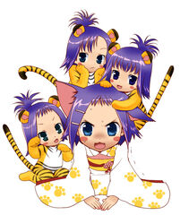  4girls akutagawa_manbou animal_costume animal_ears animal_print cat_ears commentary_request ikeda_hina ikeda_kana ikeda_nazuna ikeda_shirona japanese_clothes multiple_girls photoshop_(medium) saki_(manga) tail tiger_costume tiger_print triplets 