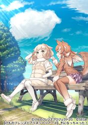  2girls animal_ears bench beniimo_danshaku brown_legwear coat commentary_request day elbow_gloves full_body fur_collar fur_trim gloves hands_in_pockets horns japanese_wolf_(kemono_friends) kemono_friends kemono_friends_3 light_brown_hair long_hair long_sleeves looking_at_another multicolored_hair multiple_girls official_art outdoors padded_coat pantyhose plaid plaid_neckwear plaid_skirt pleated_skirt sheep_(kemono_friends) sheep_ears sheep_girl sheep_horns sheep_tail shoes short_hair sitting skirt sneakers sweater tail thighhighs vest white_gloves white_hair white_legwear wolf_ears wolf_girl wolf_tail yellow_eyes zettai_ryouiki 