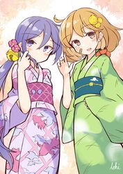  2girls :d absurdres akebono_(kancolle) animal animal_on_shoulder animal_print bandaid bandaid_on_cheek bandaid_on_face bell blush brown_eyes brown_hair closed_mouth commentary_request crab fish_print flower goldfish_print green_kimono hair_bell hair_between_eyes hair_flower hair_ornament hand_up highres ichi_(ichi.colors) japanese_clothes jingle_bell kantai_collection kimono long_hair looking_at_viewer multiple_girls obi oboro_(kancolle) oerba_yun_fang open_mouth pink_flower print_kimono purple_eyes purple_hair purple_kimono ruffling_hair sash side_ponytail signature smile very_long_hair yellow_flower 