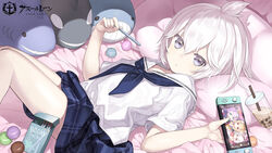  ayanami_(azur_lane) azur_lane bed_sheet blue_neckerchief blue_skirt brand_name_imitation bubble_tea capriccio commentary_request copyright_name cup disposable_cup drinking_straw feet_out_of_frame female fingernails food grey_eyes hair_between_eyes holding javelin_(azur_lane) knees_up laffey_(azur_lane) looking_at_viewer lying macaron neckerchief official_art on_back pillow plaid plaid_skirt pocky sailor_collar shirt short_sleeves skirt solo star_(symbol) stuffed_animal stuffed_orca stuffed_shark stuffed_toy stuffed_whale u-110_(azur_lane) watermark white_hair white_sailor_collar white_shirt yamashiro_(azur_lane) 