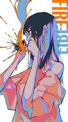  absurdres baggy_clothes bare_shoulders black_hair breasts cigarette commentary female grey_eyes hands_up highres holding holding_cigarette long_hair looking_away matchbox medium_breasts nico-tine off-shoulder_shirt off_shoulder original shirt simple_background smoking solo splashing splatter upper_body white_background wide_sleeves 