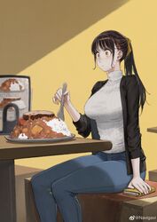  absurdres black_hair black_jacket blue_pants blush breasts cellphone closed_mouth commentary curry curry_rice denim eating eyelashes female food glutton hair_ornament hair_pulled_back hair_ribbon hairclip highres holding holding_spoon indoors jacket jeans jun_(navigavi) large_breasts long_hair long_sleeves meat open_clothes open_jacket orange_eyes original pants phone ponytail ribbed_sweater ribbon rice sitting smartphone solo spoon sweater symbol-only_commentary table turtleneck turtleneck_sweater weibo_logo weibo_watermark white_sweater wide-eyed yellow_background 