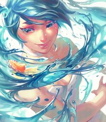  blue_eyes blue_hair bottle_miku breasts choker cleavage collarbone commentary dress female fish floating_hair from_above goldfish half-closed_eyes hatsune_miku highres jeremy_anninos liquid_hair looking_to_the_side open_hand smile solo vocaloid white_background white_choker white_dress 