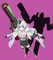  absurdres black_gloves black_skirt breasts cleavage decepticon detached_collar different_shadow energy_gun gloves grey_thighhighs gun highres holding holding_gun holding_weapon humanization jacket jacket_on_shoulders komagoma kotobukiya_bishoujo looking_at_viewer mecha medium_breasts megatron megatron_(kotobukiya_bishoujo) open_hands pencil_skirt pink_background purple_jacket purple_shirt red_eyes robot shirt skirt strapless strapless_shirt thighhighs transformers transformers:_generation_1 trigger_discipline weapon 