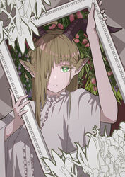  absurdres arm_up breasts brown_hair buttons commentary empty_picture_frame female flower frilled_shirt frills goat_horns green_eyes hair_over_one_eye hand_up highres holding holding_frame horns long_hair looking_at_viewer nico-tine original parted_lips picture_frame pink_flower pointy_ears purple_flower shirt small_breasts solo upper_body wide_sleeves 