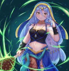  alternate_costume asymmetrical_legwear azura_(fire_emblem) azura_(hatari)_(fire_emblem) bare_shoulders blue_hair breasts brown_legwear capelet cleavage cowboy_shot crop_top detached_collar female fire_emblem fire_emblem_fates fire_emblem_heroes green_background highres holding holding_weapon jewelry kutabireta_neko long_hair looking_at_viewer medium_breasts midriff navel necklace official_alternate_costume pantyhose see-through simple_background solo standing tucking_hair veil very_long_hair weapon yellow_eyes 