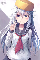  anchor_symbol black_sailor_collar black_skirt blue_eyes blush closed_mouth collarbone female grey_hair hair_between_eyes hibiki_(kancolle) highres kantai_collection long_hair long_sleeves neckerchief pleated_skirt pot pot_on_head red_neckerchief sailor_collar school_uniform serafuku skirt smile solo tateishi_kureha twitter_username upper_body v 