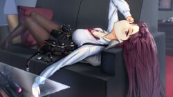  absurdres black_pantyhose black_skirt blurry blush breasts bullpup chromatic_aberration cleavage closed_mouth commentary couch depth_of_field english_commentary female film_grain girls&#039;_frontline glass_table gun highres indoors large_breasts long_hair long_sleeves looking_at_viewer lying necktie on_back pantyhose puffy_sleeves purple_hair red_eyes red_necktie rifle see-through see-through_shirt shidoni shirt skirt sniper_rifle solo striped_clothes striped_shirt table vertical-striped_clothes vertical-striped_shirt wa2000_(girls&#039;_frontline) walther walther_wa_2000 weapon white_shirt 