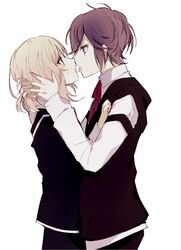  1boy blonde_hair blush diabolik_lovers eye_contact face-to-face female kissing komori_yui leaning_in long_sleeves looking_at_another medium_hair pants purple_eyes purple_hair qi7pi sakamaki_kanato school_uniform short_hair skirt straight tongue tongue_out white_background 