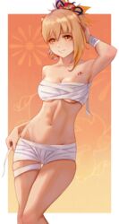  absurdres arm_behind_head arm_up armpits bandages bandeau bare_shoulders blonde_hair breasts chest_sarashi chest_tattoo cleavage collarbone commentary feet_out_of_frame female genshin_impact grin groin hair_between_eyes highres looking_at_viewer medium_breasts medium_hair midriff n7grey navel ponytail sarashi skindentation smile solo standing stomach strapless tattoo thighs tube_top wrist_wrap yellow_eyes yoimiya_(genshin_impact) 