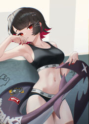  absurdres armpits bare_arms bare_shoulders black_hair black_panties black_sports_bra blush bra breasts candy closed_mouth colored_inner_hair ellen_joe female fins fish_tail food highres lollipop looking_at_viewer mole mole_under_eye multicolored_hair navel panties pjman red_eyes red_hair red_nails scar_on_tail shark_girl shark_tail short_hair solo sports_bra sports_panties tail two-tone_hair underwear underwear_only underwear_writing zenless_zone_zero 