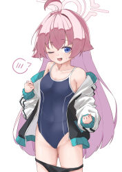  ;d abydos_high_school_swimsuit ahoge blue_archive blue_eyes blue_one-piece_swimsuit collarbone commentary_request competition_school_swimsuit female groin hair_between_eyes halo highleg highleg_one-piece_swimsuit highres hoshino_(blue_archive) jacket long_hair long_sleeves looking_at_viewer one-piece_swimsuit one_eye_closed open_clothes open_jacket osmium-76 pink_hair school_swimsuit sidelocks simple_background smile solo spoken_blush swimsuit track_jacket undressing white_background 