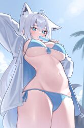  absurdres animal_ears bikini blue_bikini blue_eyes blue_sky breasts cloud day deaver eating female food fox_ears fox_girl highres holding holding_food holding_popsicle hololive large_breasts long_hair looking_at_viewer navel open_clothes open_shirt outdoors palm_tree popsicle shirakami_fubuki side-tie_bikini_bottom sky solo stomach sunlight swimsuit tree virtual_youtuber 