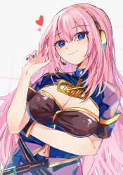  absurdres blue_eyes blue_nails breasts cleavage cleavage_cutout closed_mouth clothing_cutout english_commentary female headphones heart highres large_breasts long_hair looking_at_viewer megurine_luka megurine_luka_(sp) navel navel_cutout piapro pink_hair short_sleeves smile solo sshooooe twitter_username very_long_hair vocaloid wireless_microphone 