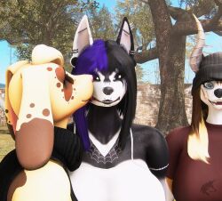  3d_(artwork) alternative_fashion angry anthro bjorn_acheron_(ludexus) blonde_highlights brown_hair canid canid_demon canine canis celestia_snyder_(ludexus) demon digital_media_(artwork) domestic_dog female fur goth group hair hellhound hi_res highlights_(coloring) horn husky kissing long_ears ludexus mammal multiple_piercings mythological_canine mythological_creature mythology nordic_sled_dog park piercing plant smile source_filmmaker_(artwork) spitz tree trio velika_(ludexus) yellow_body yellow_fur 