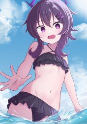  =_hair_ornament absurdres bikini black_bikini blue_archive blue_sky cloud cloudy_sky embarrassed female frilled_bikini frills halo haruka_(blue_archive) highres medium_hair navel open_mouth orusu purple_eyes purple_hair purple_halo sidelocks sky solo stomach swimsuit water wide-eyed 