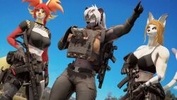  16:9 3d_(artwork) 4k abs absurd_res anthro assault_rifle bear black_bear blonde_hair blue_eyes bulletproof_vest canid canine canis clothing coyote delphox digital_media_(artwork) eyewear fan_character female generation_6_pokemon glasses group gun hair hi_res joelsfm leggings legwear ludexus mammal military minerva_zaslav_(ludexus) muscular muscular_female nintendo pokemon pokemon_(species) ranged_weapon red_eyes rifle shirt source_filmmaker_(artwork) tactical tactical_gear tactical_gloves tank_top topwear trio ursine weapon white_hair widescreen yellow_eyes 