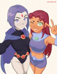  2girls black_leotard breasts bright_pupils cape celebelian closed_mouth colored_skin dc_comics english_commentary forehead_jewel green_eyes grey_skin highres leotard long_hair looking_at_viewer medium_breasts multiple_girls navel one_eye_closed orange_skin purple_hair purple_tank_top raven_(dc) red_hair short_hair simple_background skirt sleeved_leotard smile standing starfire superhero_costume tank_top teen_titans twitter_username v white_background white_pupils 