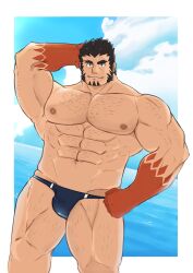  1boy abs absurdres bara bulge colored_skin day forked_eyebrows gradient_skin hachimaki hairy headband highres large_pectorals looking_at_viewer male_focus male_swimwear mature_male miki_2547 muscular muscular_male mutton_chops nejiri_hachimaki nipples pectorals red_skin short_hair smile solo sparse_arm_hair sparse_chest_hair sparse_leg_hair standing strongman_waist swim_briefs tajikarao_(housamo) thick_eyebrows thick_thighs thighs tokyo_afterschool_summoners topless_male tusks 