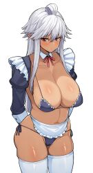  armpits arms_behind_back averting_eyes bikini blue_bikini blue_dress blush breasts closed_mouth collar dark-skinned_female dark_elf dark_skin dot_mouth dress elf feet_out_of_frame female groin hair_between_eyes highres large_breasts long_hair maid maid_bikini midriff navel norakuro_nero pointy_ears reanette_elfelt red_eyes shinmai_ossan_bokensha simple_background skindentation solo swimsuit thighhighs unconventional_maid very_long_hair white_background white_collar white_hair white_thighhighs 