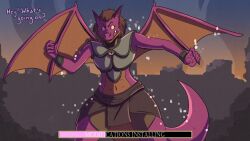  angry anthro armor bottomwear bracers breastplate brown_hair clothing color_change dialogue dragon expansion female feminization gameplay_mechanics gender_transformation growth hair hair_growth hi_res hip_expansion magic male membrane_(anatomy) membranous_wings midriff mtf_transformation muscle_loss mythological_creature mythological_scalie mythology scalie shrinking size_transformation skirt solo surprise transformation volkenfox wings 